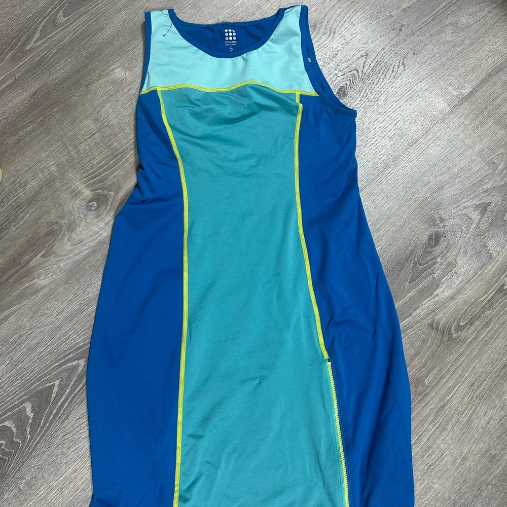 Title Nine - Blue and Teal Sleeveless Dress with Yellow Accents